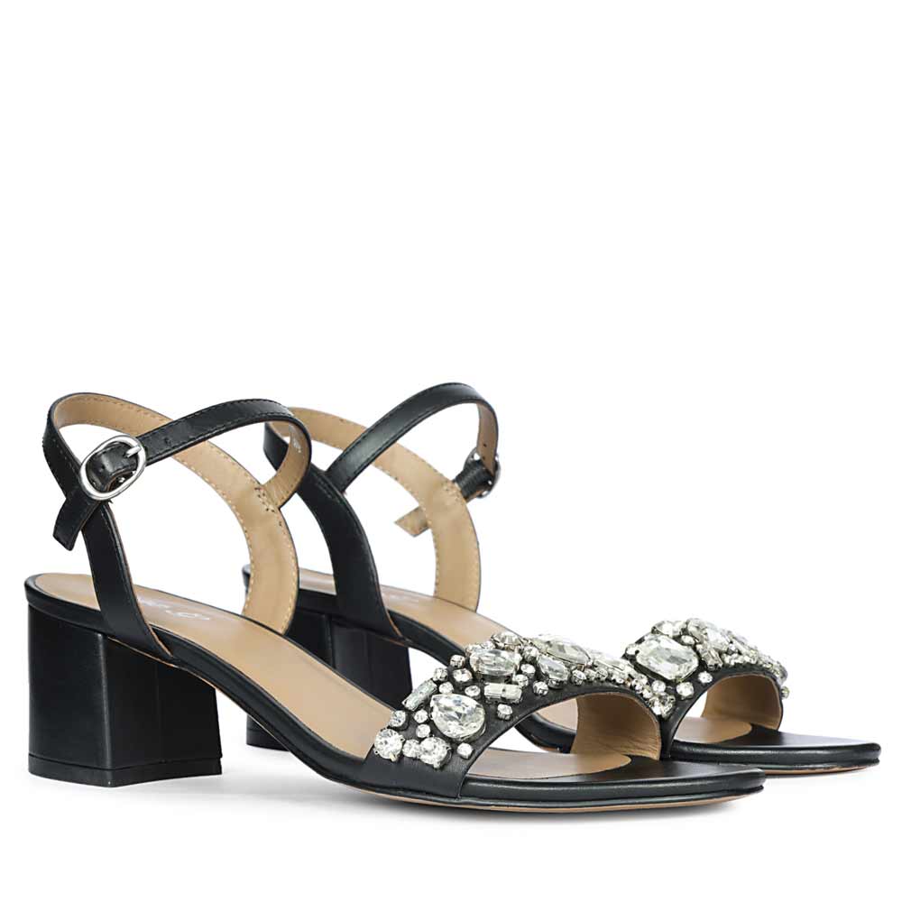 Stones Embellished Black Heel Sandals