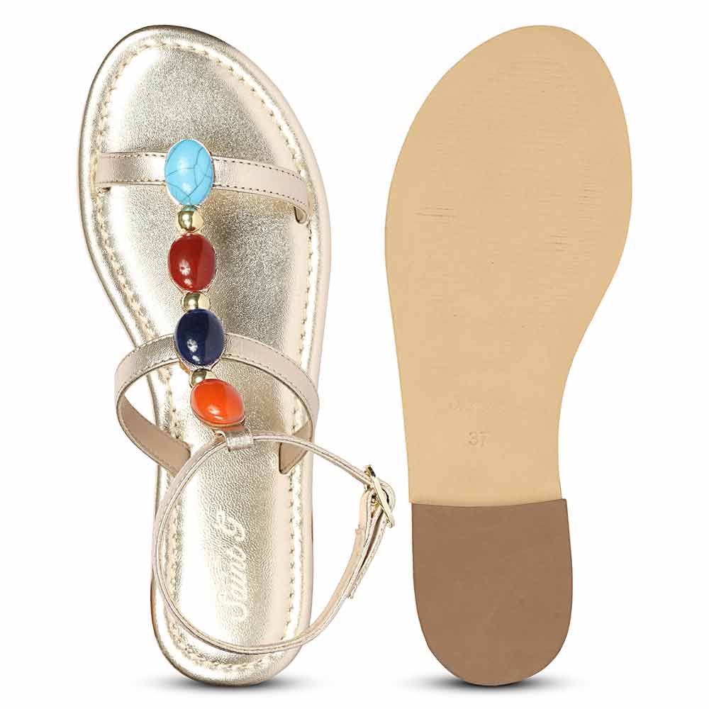 Saint Tyas Multi Stone Gold Metallic Leather Sandals