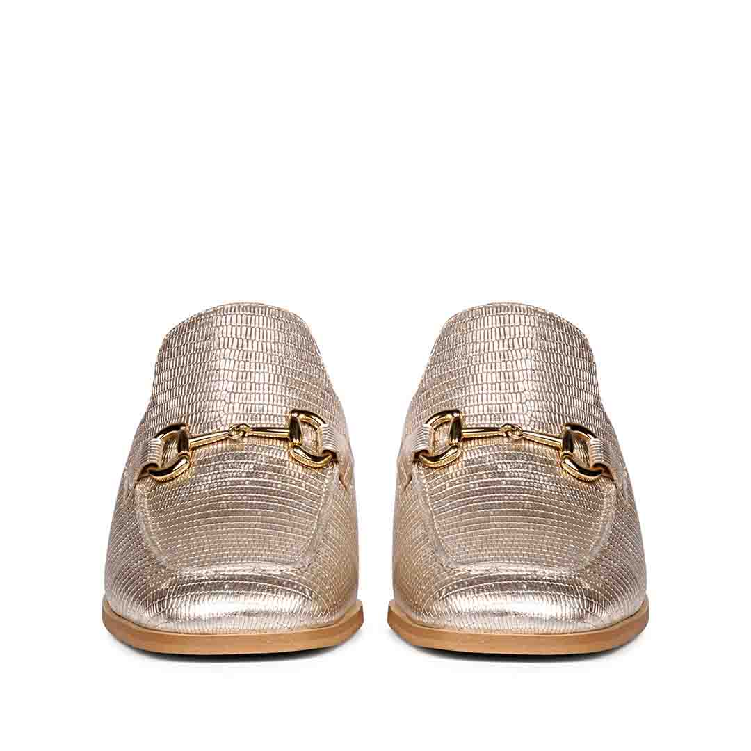 Saint Jasmine Gold Metallic Lizard Print Leather Moccasins