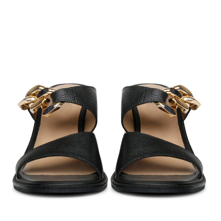 Gold Chain Embellished Black Leather Block Heels