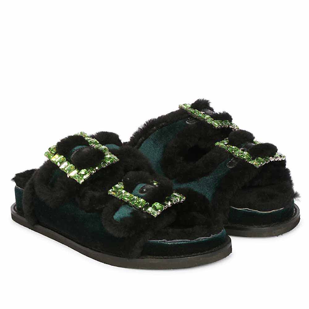 Saint Gemma Crystal Buckle Green Fur Snug Sandals