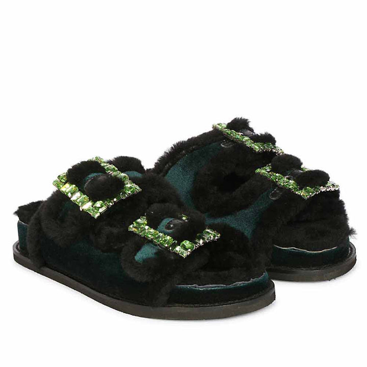 Saint Gemma Crystal Buckle Green Fur Snug Sandals