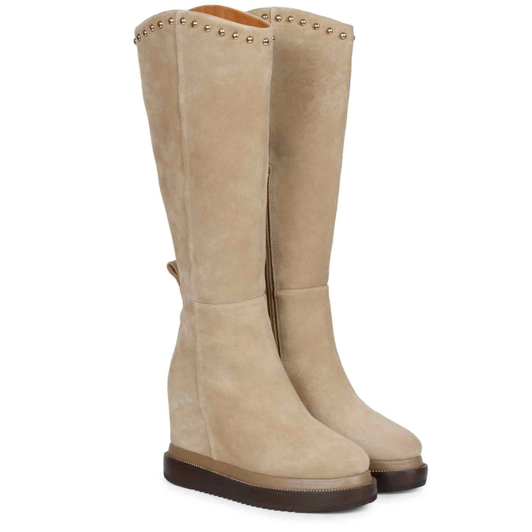 Ivory suede studded wedge long boots for women, front angled view