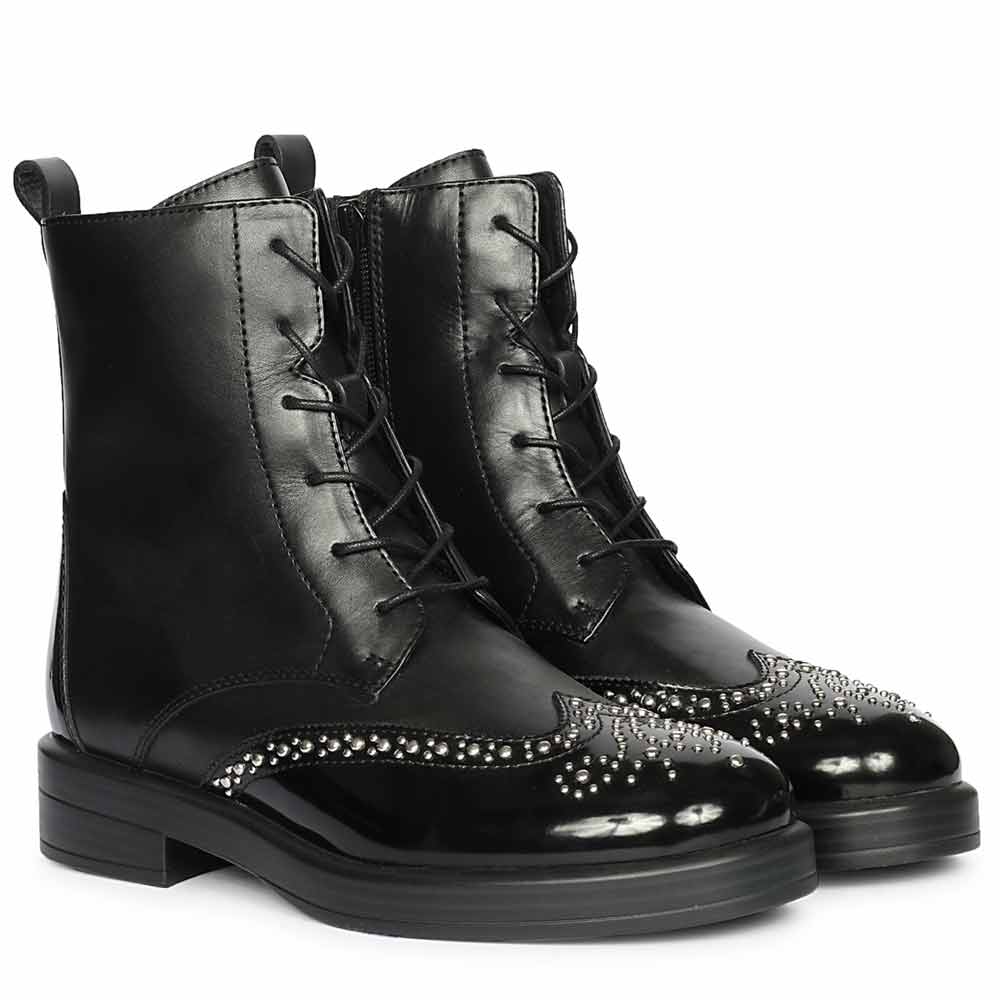 Saint Myla Studded Wingtip Inspired Lace Up Leather Boots