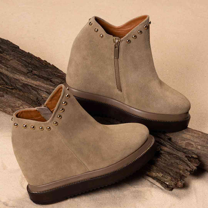 Ladies beige suede wedge ankle boots styled