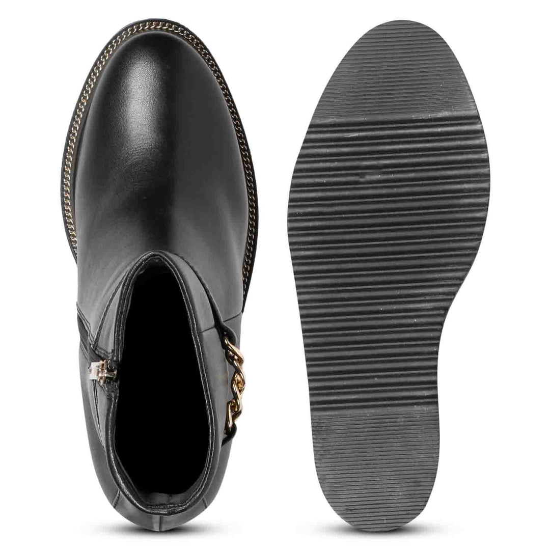 Sole and inside wedge of womens black leather ankle boots