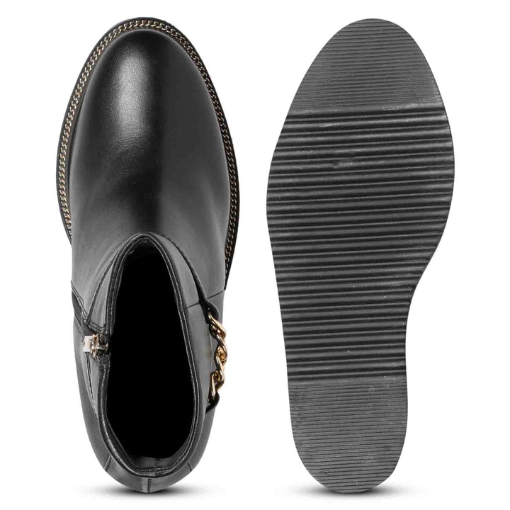 Sole and inside wedge of womens black leather ankle boots