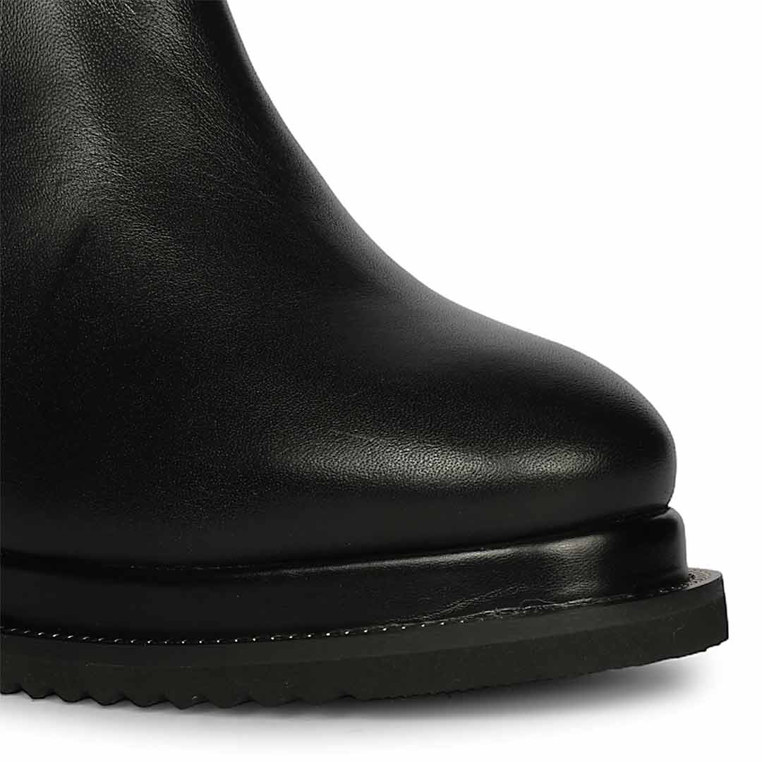 Ladies black studded leather wedge ankle boots, detailed view