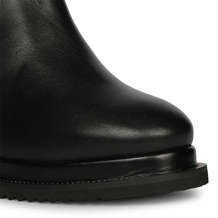 Ladies black studded leather wedge ankle boots, detailed view