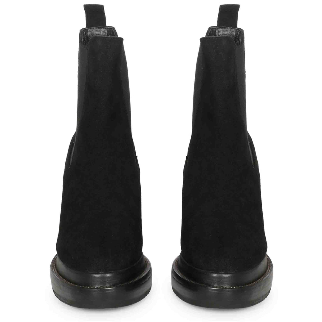 Pair of womens black wedge ankle boots, front view