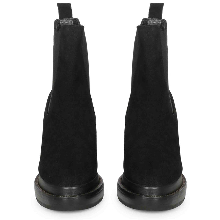 Pair of womens black wedge ankle boots, front view