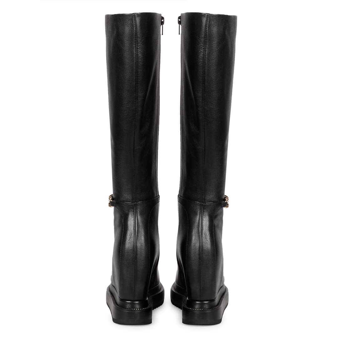 Ladies black leather wedge long boots, back view