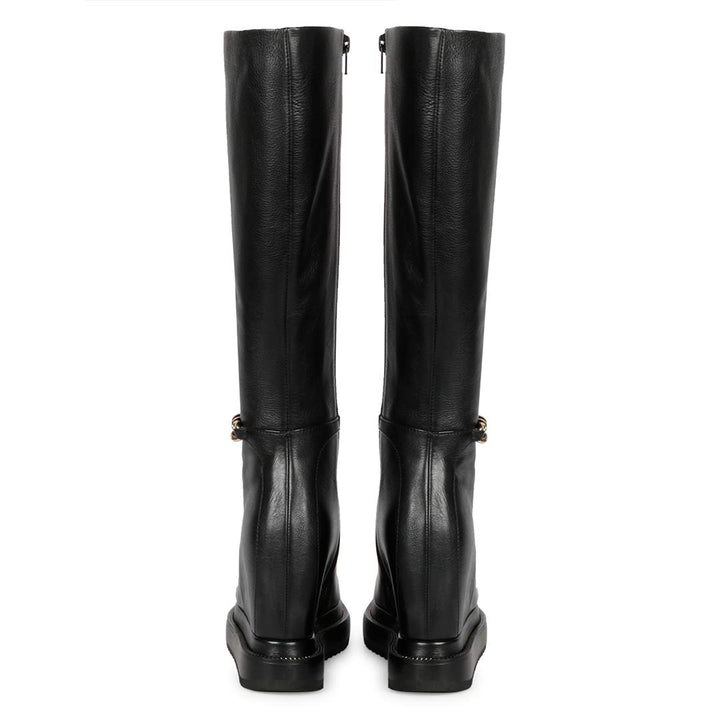 Ladies black leather wedge long boots, back view