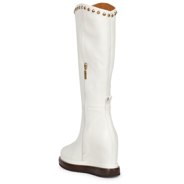 Ladies white leather wedge long boots, side back view