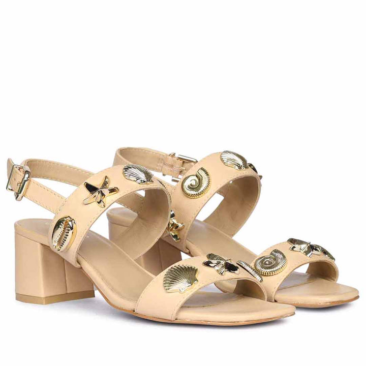 Leather block heels with seashell star design