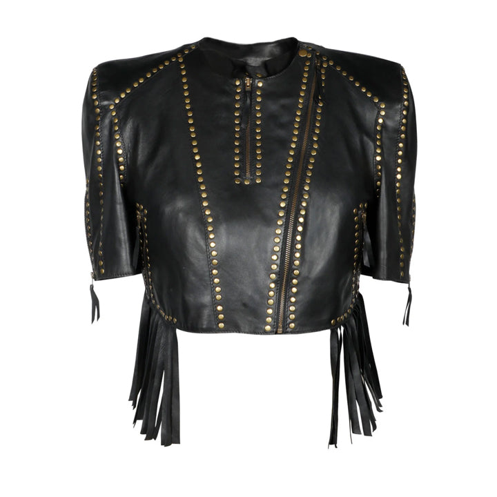 Saint's Charm: Short Leather Jacket with Studs & Trendy Fringe