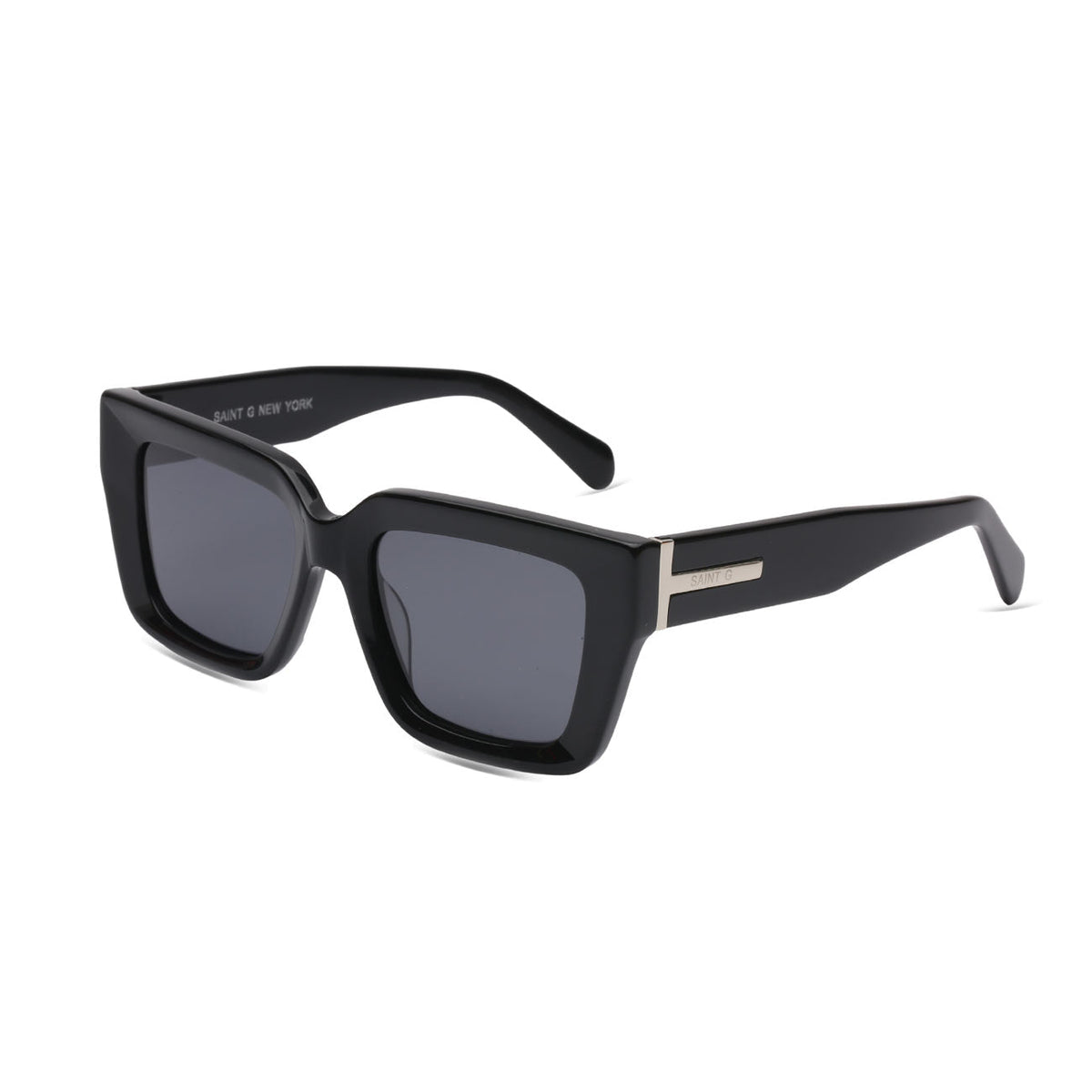 Obsidian Noir black sculpted sunglasses with silver arm detail and gift box