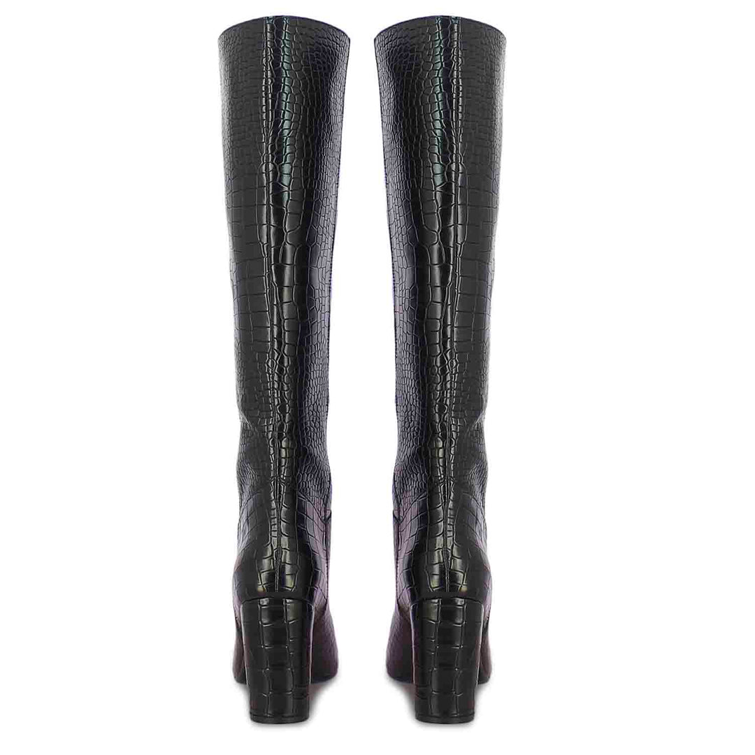 Saint Emily Black Croc Embossed Vegan Leather Long Boots