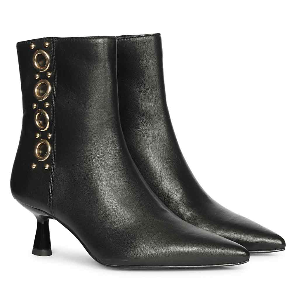 Saint Noelle Embellished Black Leather Kitten Heel Ankle Boots