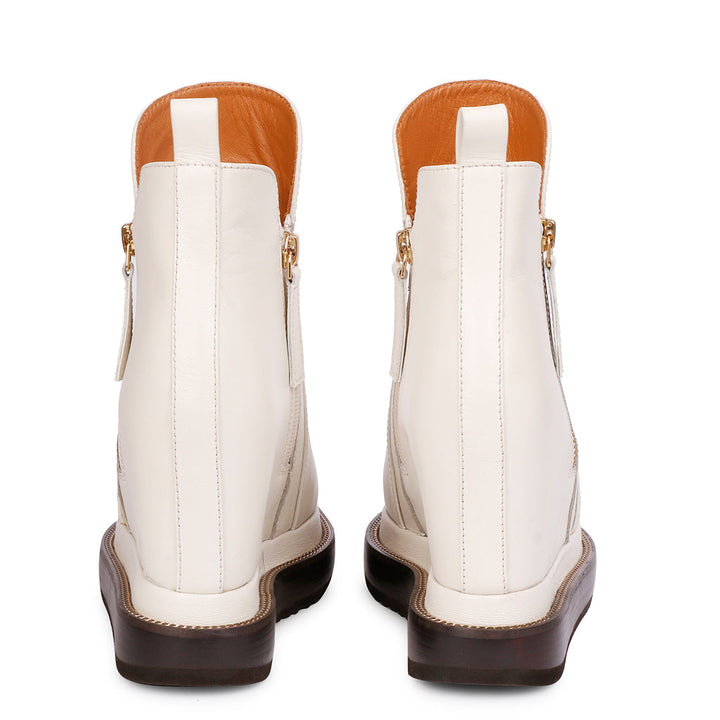 Pair of off-white leather wedge ankle boots for women, back view