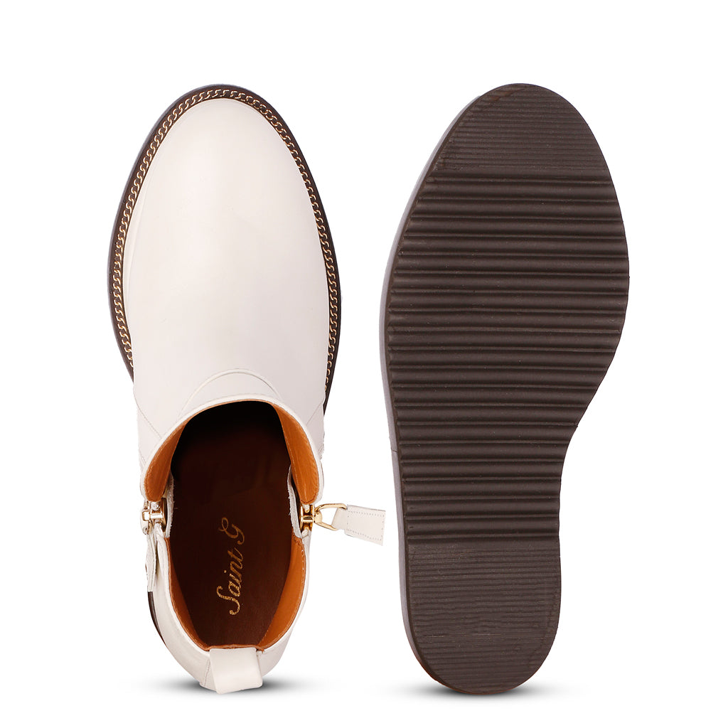 Sole and inside wedge of womens off-white leather ankle boots
