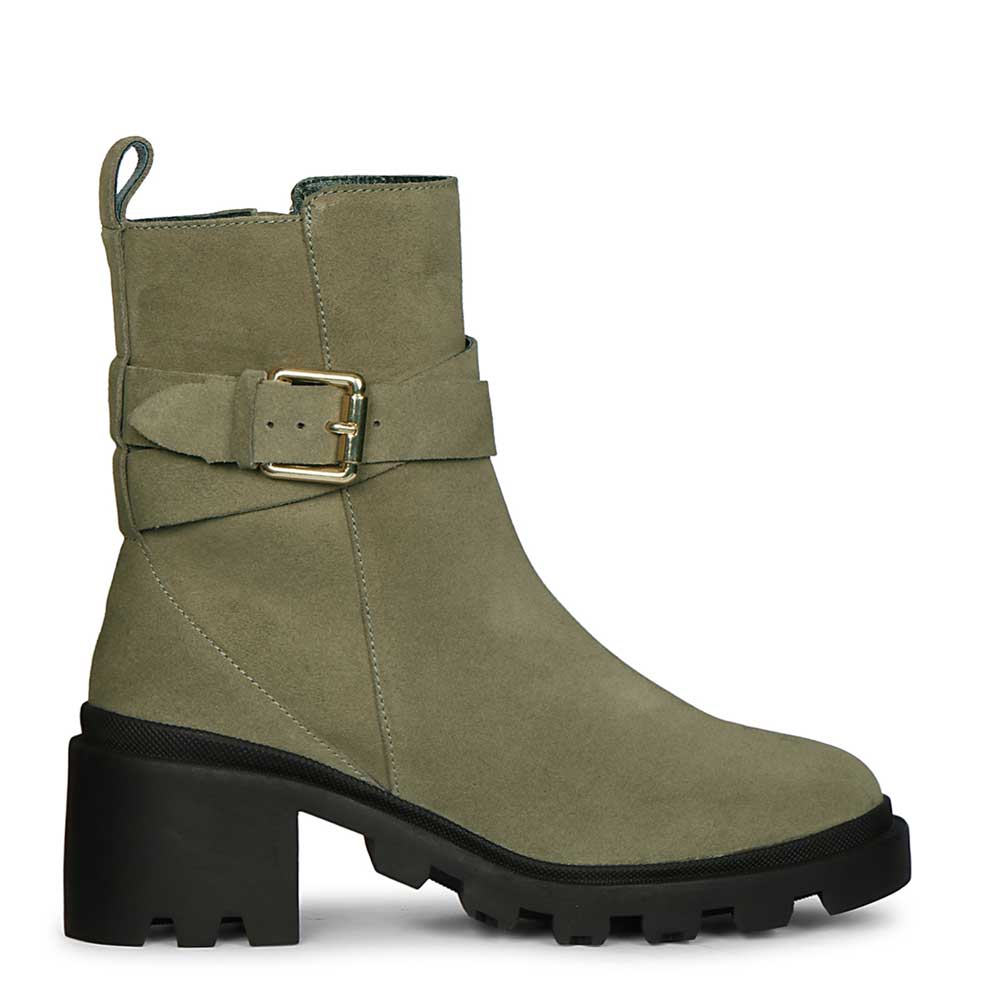 Saint Pamina Olive Suede Leather Buckle High Ankle Boots