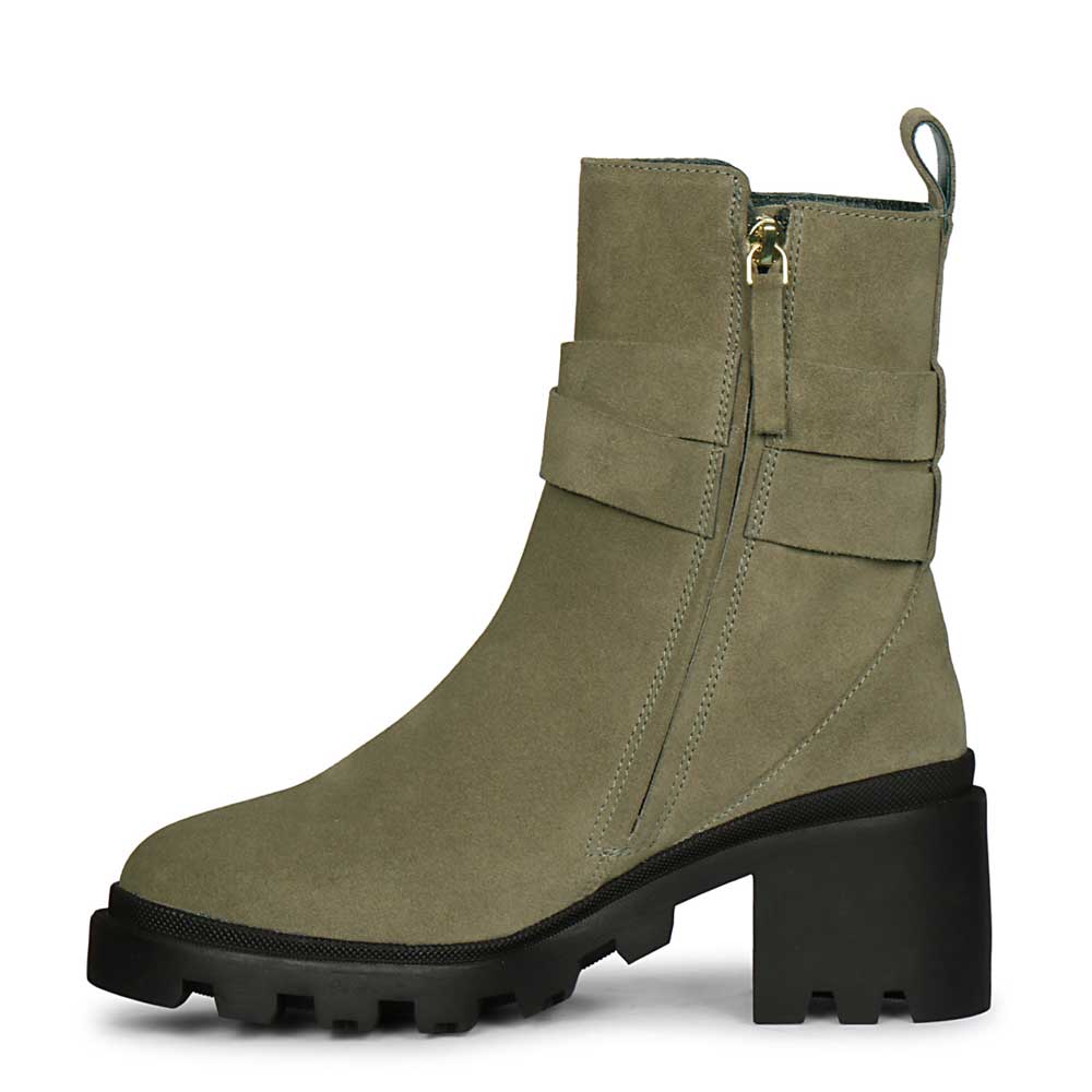 Saint Pamina Olive Suede Leather Buckle High Ankle Boots