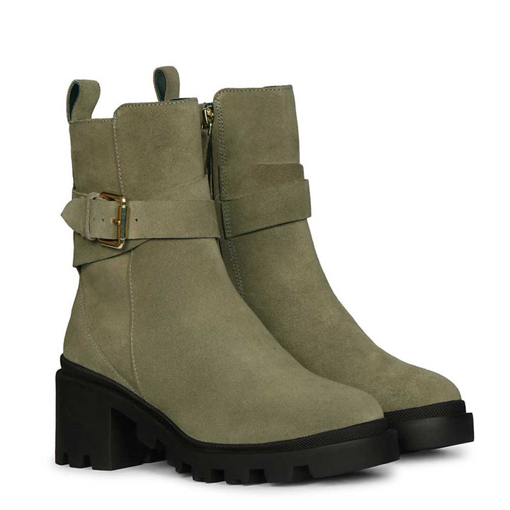 Saint Pamina Olive Suede Leather Buckle High Ankle Boots