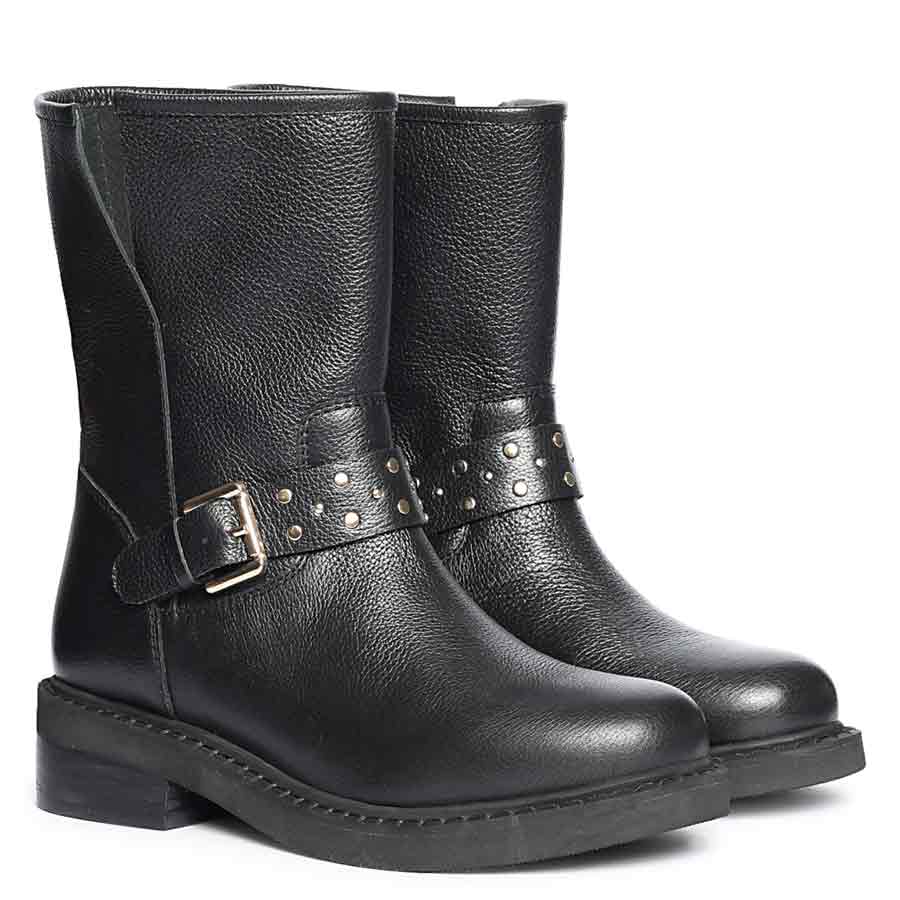 Saint Harley Studded Harness Mid-Calf  Black Leather Boots