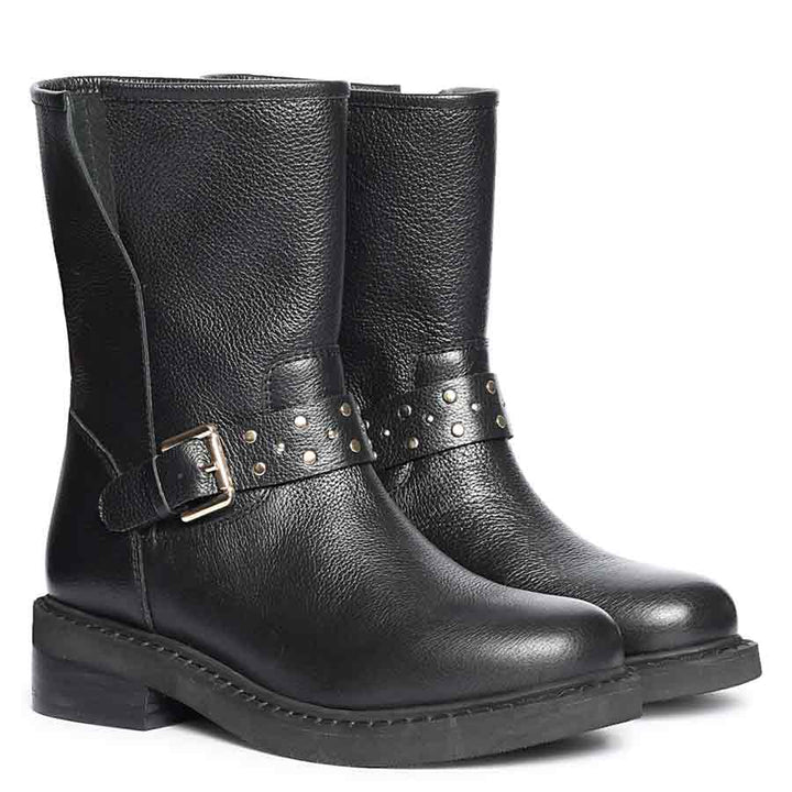Saint Harley Studded Harness Mid-Calf  Black Leather Boots
