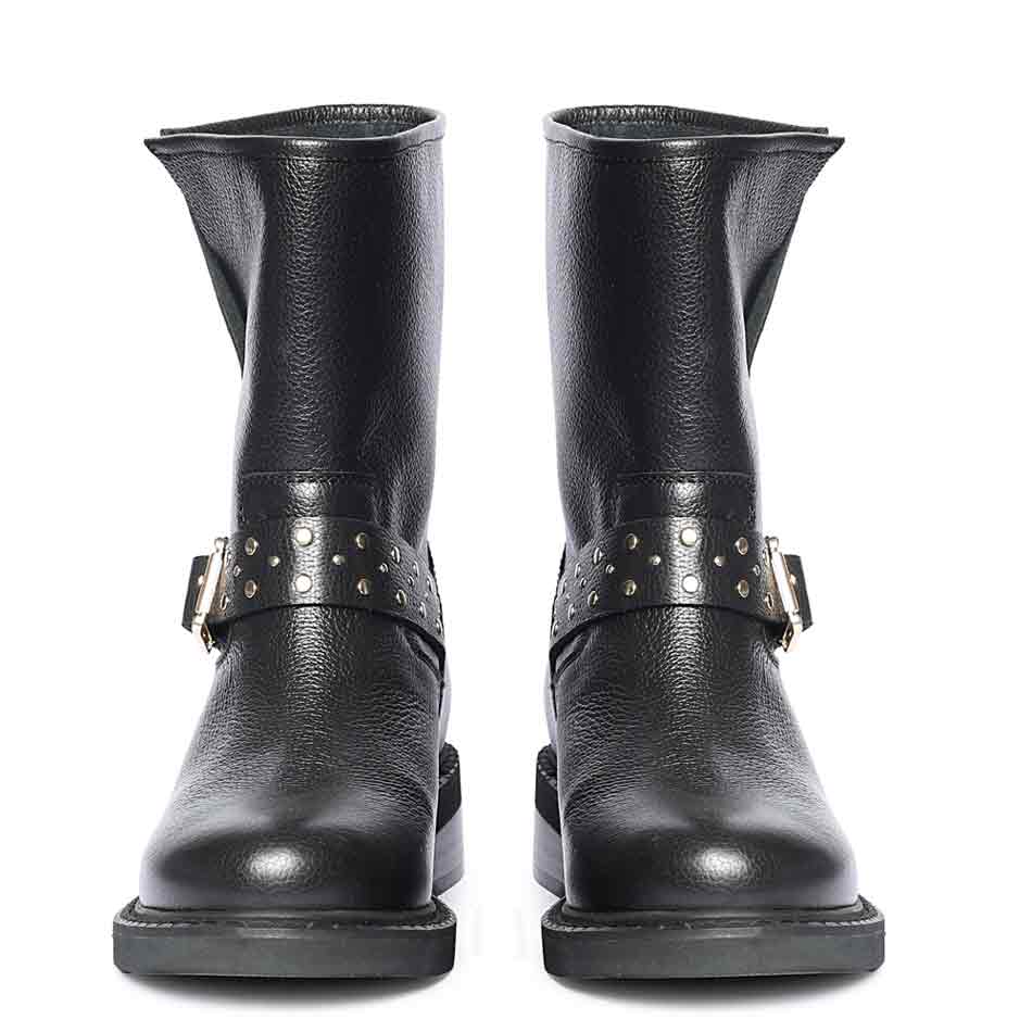 Saint Harley Studded Harness Mid-Calf  Black Leather Boots