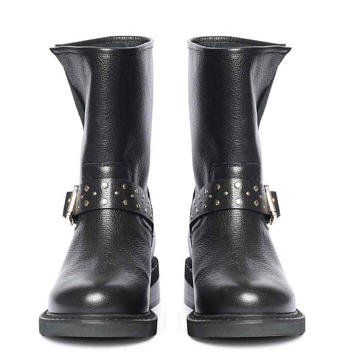 Saint Harley Studded Harness Mid-Calf  Black Leather Boots