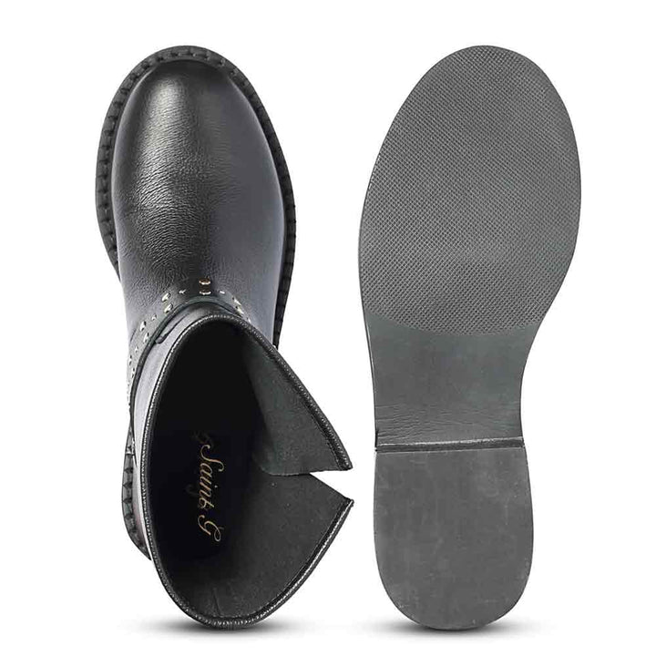 Saint Harley Studded Harness Mid-Calf  Black Leather Boots