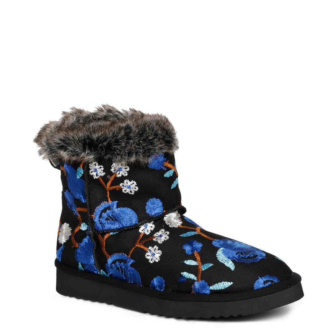 Clarisse Blue Floral Embroidered Suede Leather Snug Boots