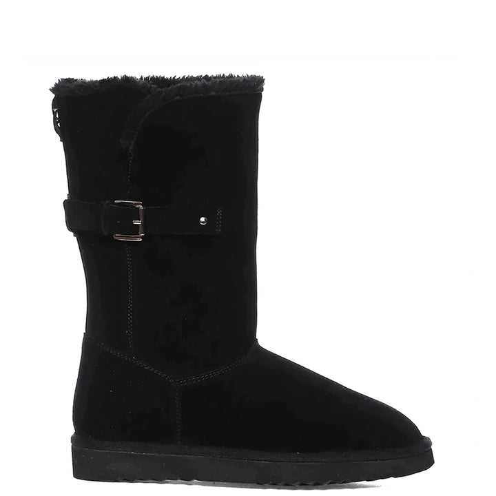 Saint Aurelia Buckle Decorative Black Suede Leather Snug Boots