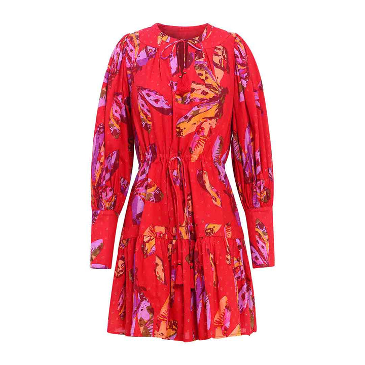 Saint Aaliyah red lurex print short dress for women UK, shown flat with tie-neck.