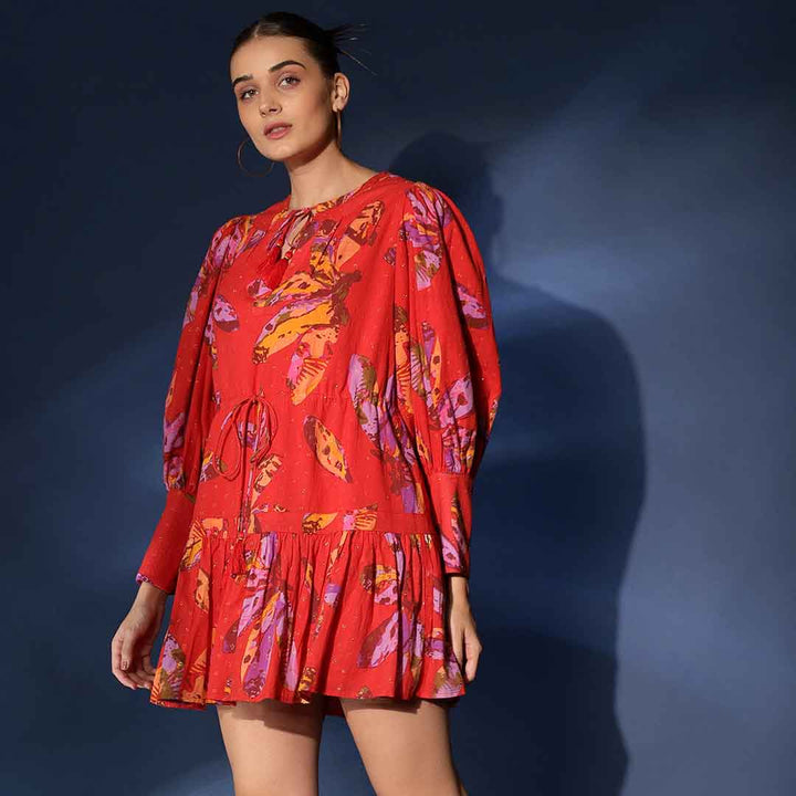 Women's red lurex print short dress by Saint Aaliyah, three-quarter front view.