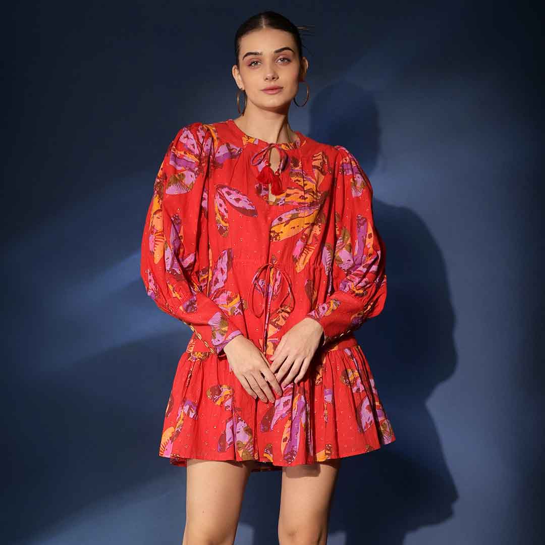 Women's red lurex print short dress by Saint Aaliyah, front view.