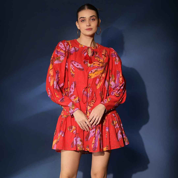 Women's red lurex print short dress by Saint Aaliyah, front view.