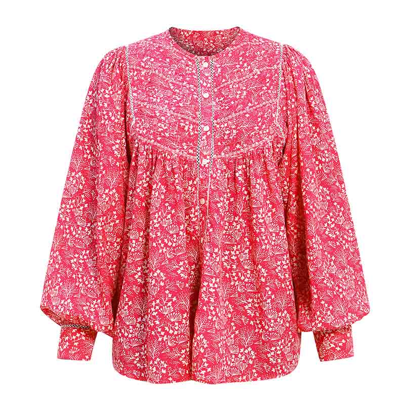 Saint Adara pink floral voile top for women UK, shown flat with collarless neck and bishop sleeves.