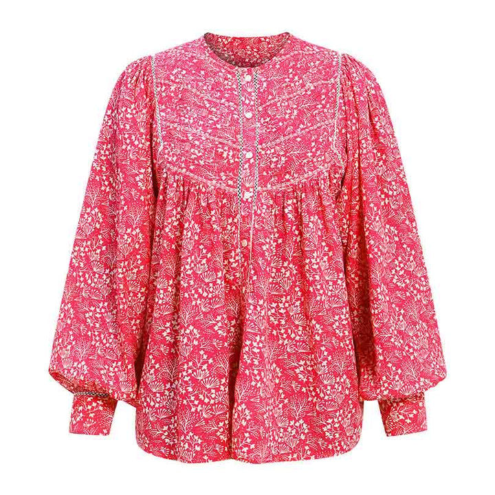 Saint Adara pink floral voile top for women UK, shown flat with collarless neck and bishop sleeves.
