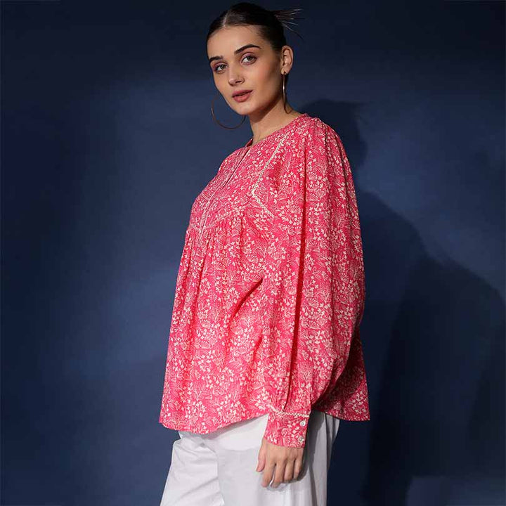 Saint Adara pink floral voile top for women UK, three-quarter front view.