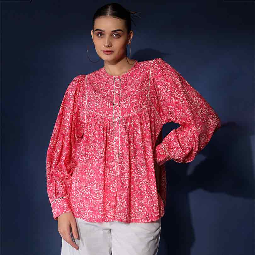 Women's pink floral voile top by Saint Adara, front view.