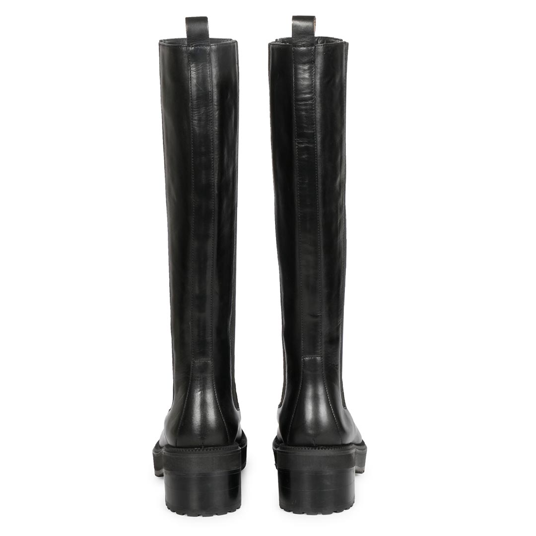 Women's black leather knee high boots, back pair view