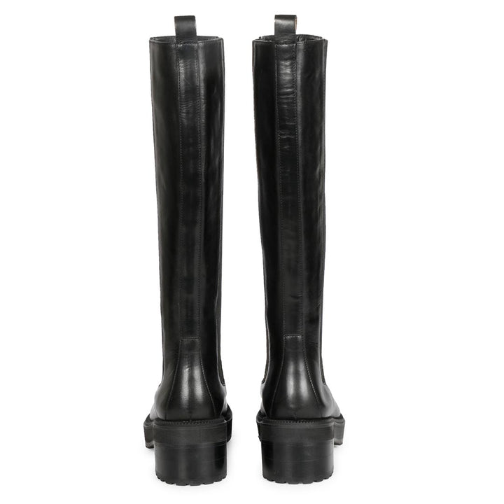 Women's black leather knee high boots, back pair view
