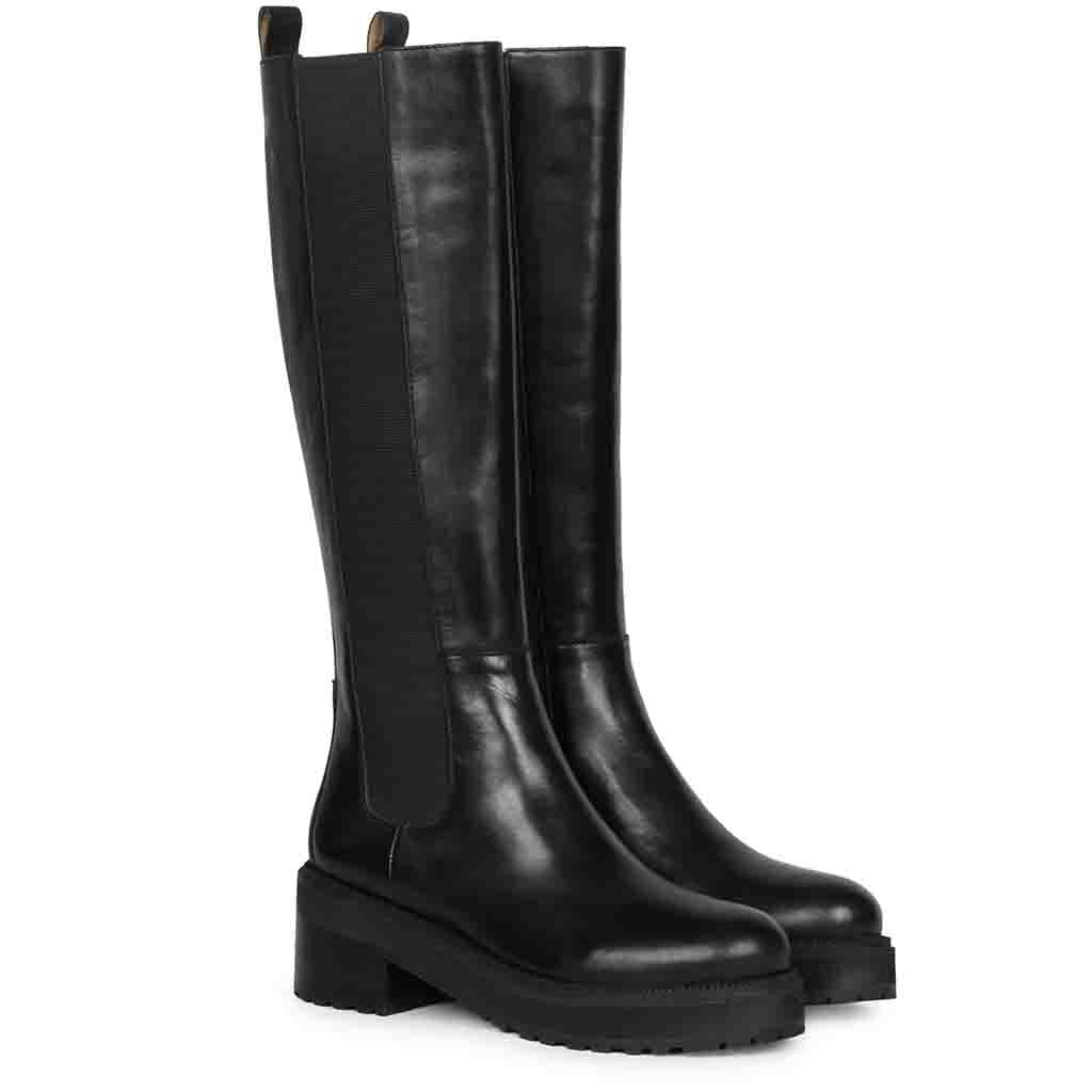 Black leather knee high boots for women UK, pair view showing chunky sole
