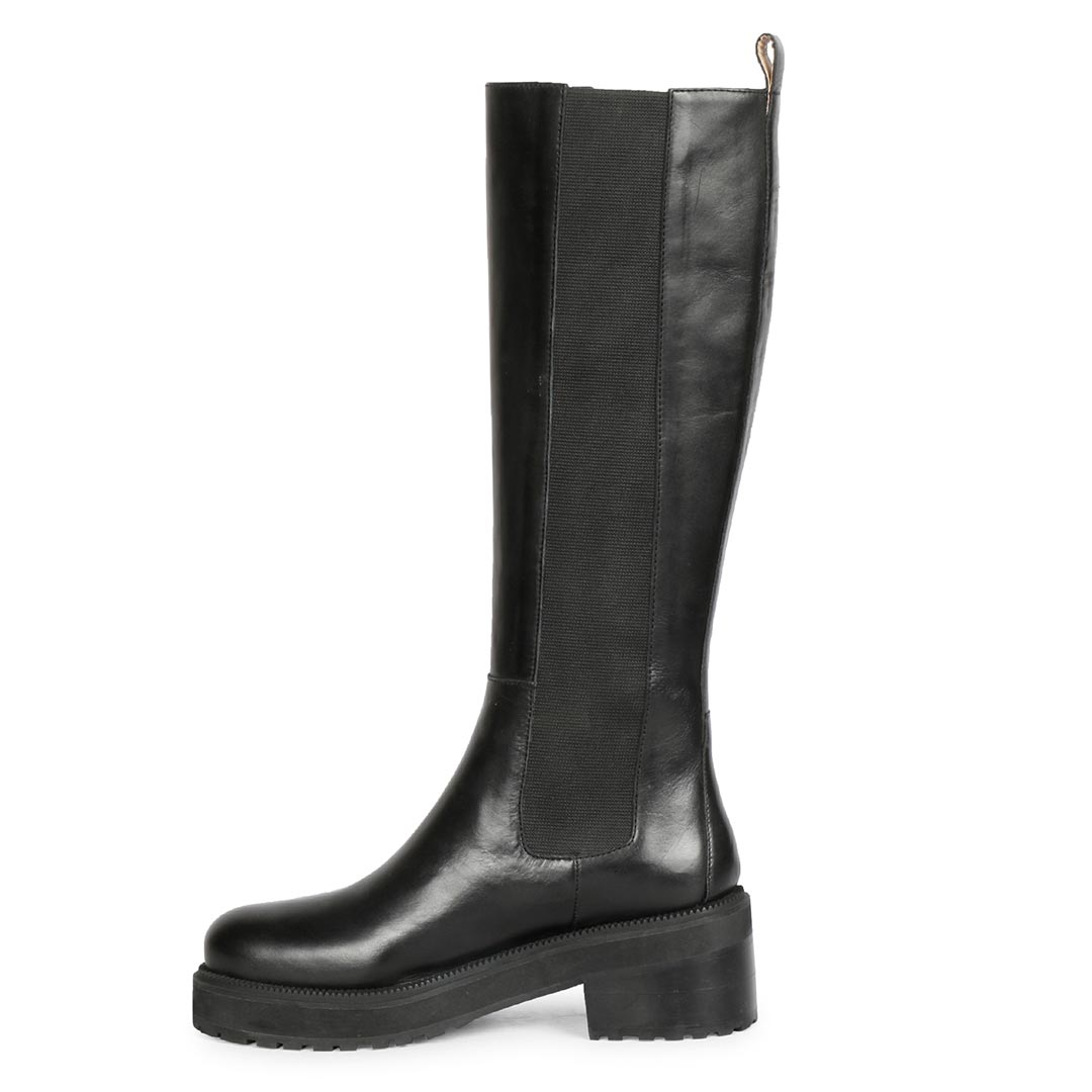 Saint Adriana black knee high boots, alternate side view showing pull tab
