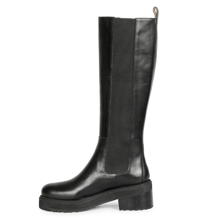 Saint Adriana black knee high boots, alternate side view showing pull tab