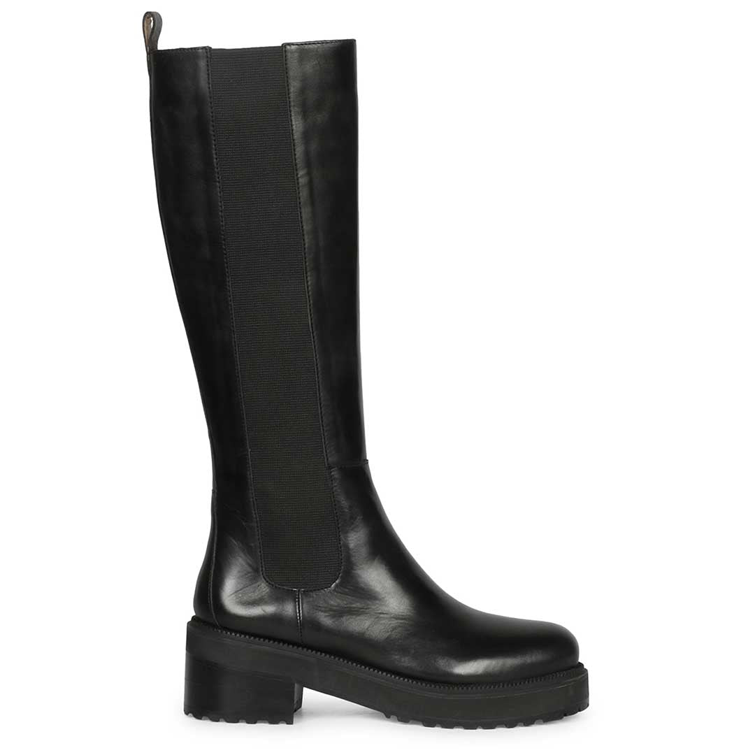 Saint Adriana black leather knee high boots for women, side view of chunky sole