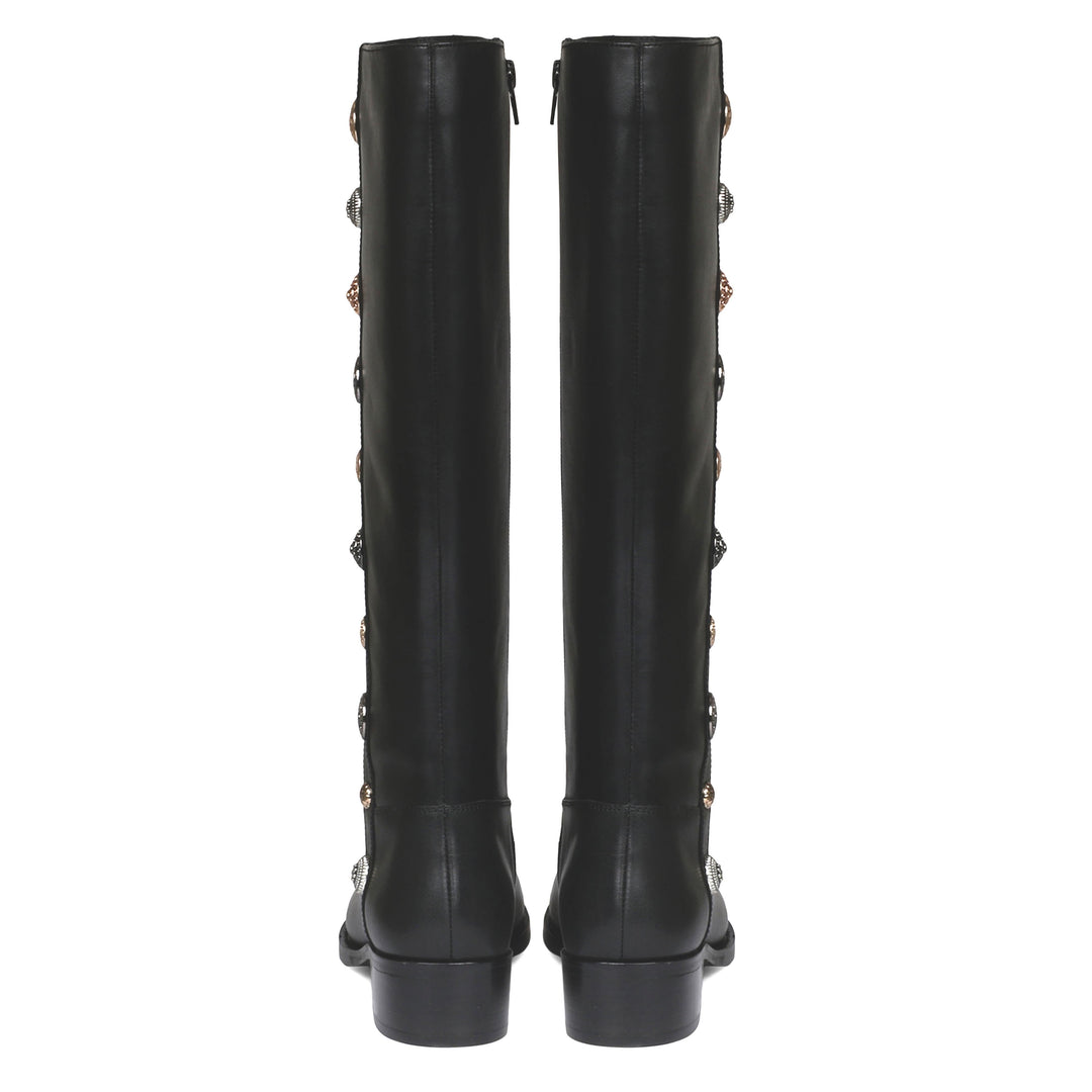 Women's black leather knee high boots, back pair view showing button trim